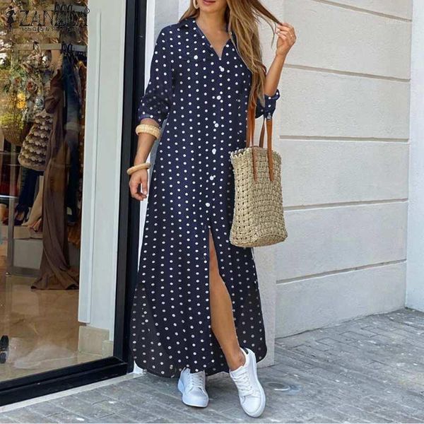 

zanzea fashion shirt dress casual polka dot printed vestidos daily party lapel robe femme womens autumn maxi dresses plus size1, Black;gray