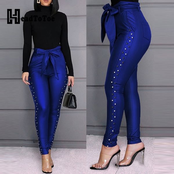 

high waist beaded slit pants women skinny casual pencil pants 201031, Black;white
