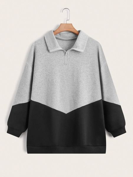 

plus two tone quarter zipper sweatshirt 40an#, Black