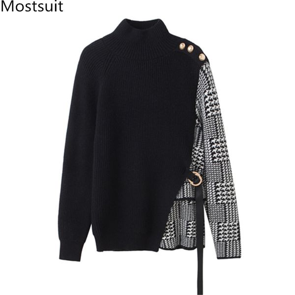 

women houndstooth patchwork pullover sweater women full sleeve half-turtleneck buttons korean fashion office sweaters 2020 c1121, White;black