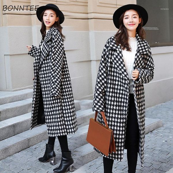 

blends women black all-match korean thicker ladies long coats winter outwear womens harajuku casual retro plaid1