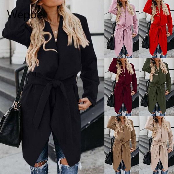 

wepbel women plus size woolen coats solid color long trench coat casual long sleeve jackets sleeve lace up jackets, Black
