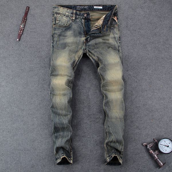 

2021 new italian vintage style fashion men's slim fit classical men denim pants brand designer basic homme d51y, Blue