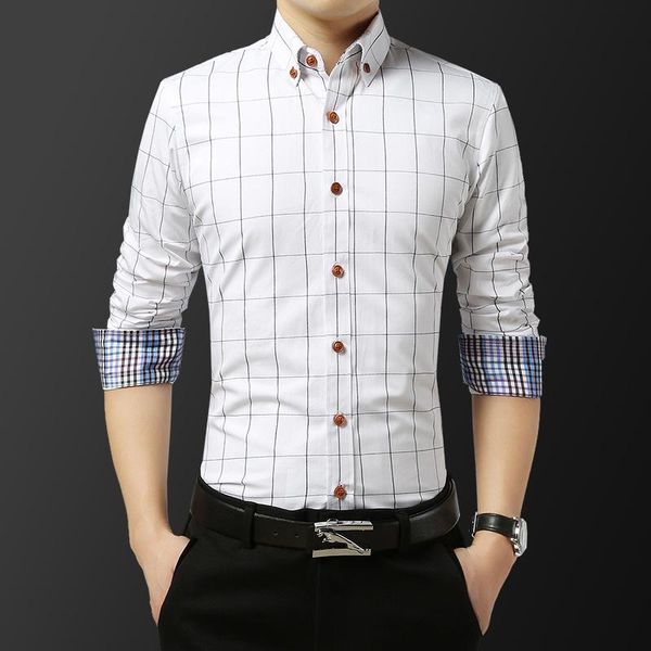 

men's casual shirts clothing slim fit plaid fashion long sleeve shirt cotton polyester size  to 5xl, White;black