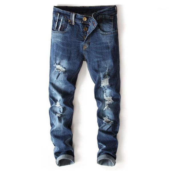 

fashion designer mens slim fit straight jeans destroyed men streetwear hip hop denim pants with hole distressed classic trousers1, Blue