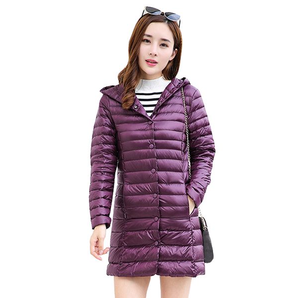 

2020 new woman down ultra light winter portable with hood unique thin jackets breasted from women long jacket mujer chaquette, Black