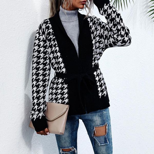 

casual v-neck houndstooth knitted cardigan women autumn winter long sleeve jumper with sashes female fashion oversize sweater, White