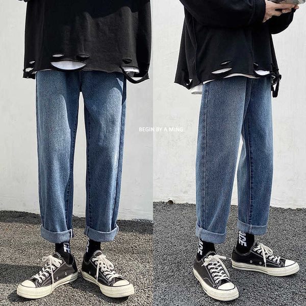 

autumn and winter new trousers loose wash korean mid waist blue leisure youth men's jeans trend