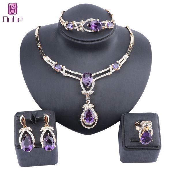 

women gold color purple zircon crystal african beads necklace bracelet earring ring saudi jewelry set party bridal decoration 201222, Slivery;crystal