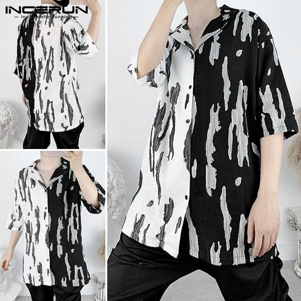 

incerun men patchwork vintage shirt ethnic lapel short sleeve shirt man black and white button up chic streetwear plus size1, White;black