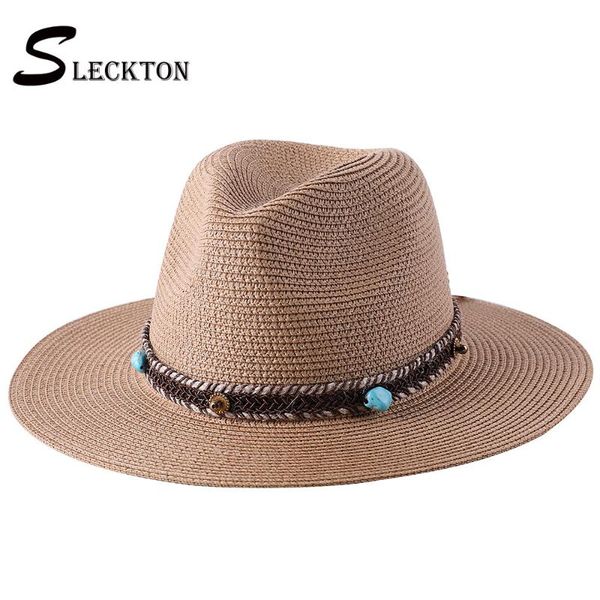 

slcketon 2021 summer sun hat for women and men fashion straw hat beach visors caps panama fedoras jazz cap s1277, Blue;gray