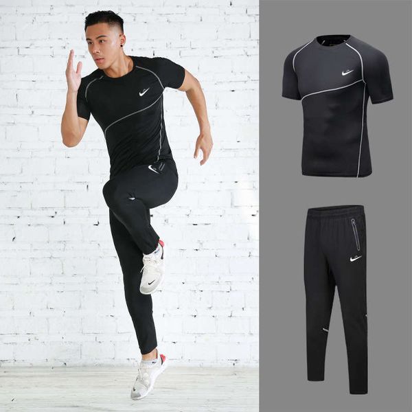 

summer fitness men's two piece high elastic speed dry tights running basketball suit, Gray
