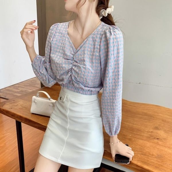 

summer girls puff sleeve plaid v-neck short shirt, White
