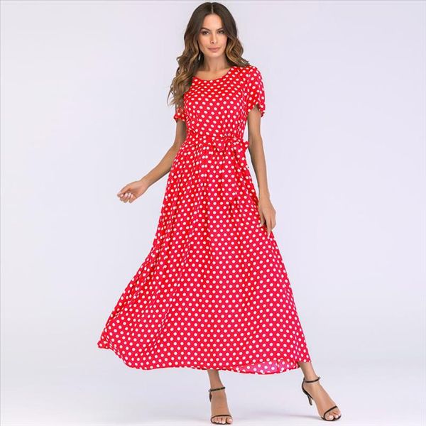

fashion women long polka dot dress short sleeves high waist tie a line vintage maxi dress summer holiday dresses female, Black;gray