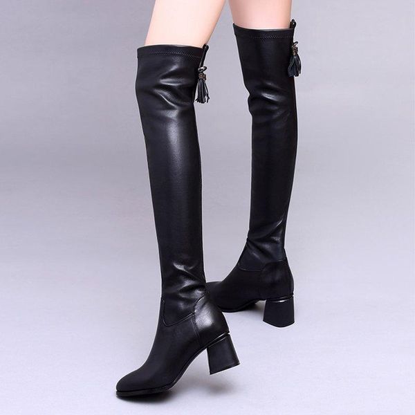 

обувь для женщин 2020 зима плюс бархат теплый высокий каблук комфорт все матч над сапогами колена mujer vulcanizar los zapatos-167, Black