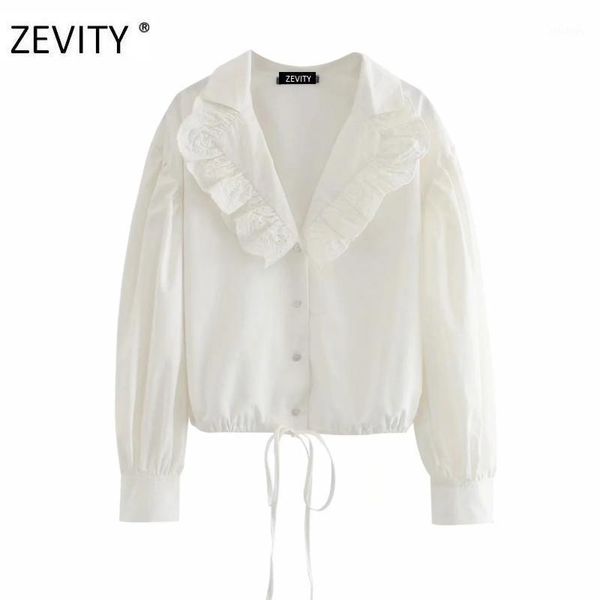

zevity new women fashion hollow out lace patchwork turn down collar smock blouse office lady puff sleeve chic shirts ls71561, White