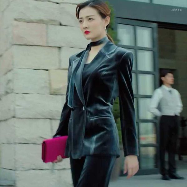 

spring and autumn women's new temperament solid color gold velvet blazer trousers business casual two-piece suit1, White;black