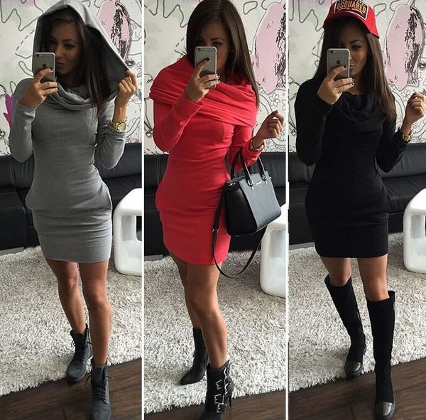 

8954#2020 autumn / winter tricolor hoodie long sleeve warm dress, Black;gray