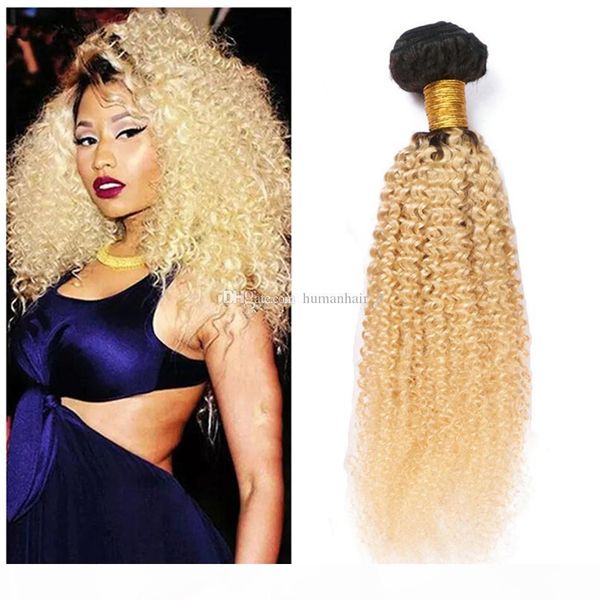 

afro kinky blonde human hair bundles 3pcs lot brazilian virgin hair weaves 1b 613 blonde two tone kinky curly dark roots hair bundles, Black;brown
