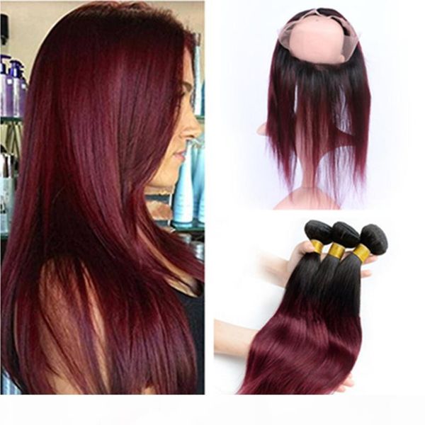 

brazilian wine red ombre human hair weaves with 360 full lace frontal straight 1b 99j burgundy ombre 3bundles with 360 lace frontal closure, Black;brown