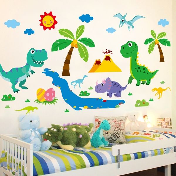 [Shijuehezi] Dinossauro dos desenhos animados adesivos de parede DIY coco Árvore mural decalques para crianças sala de bebê quarto decoração 201130