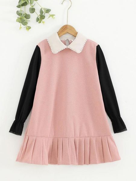

girls colorblock contrast lace pleated hem dress she, Red;yellow