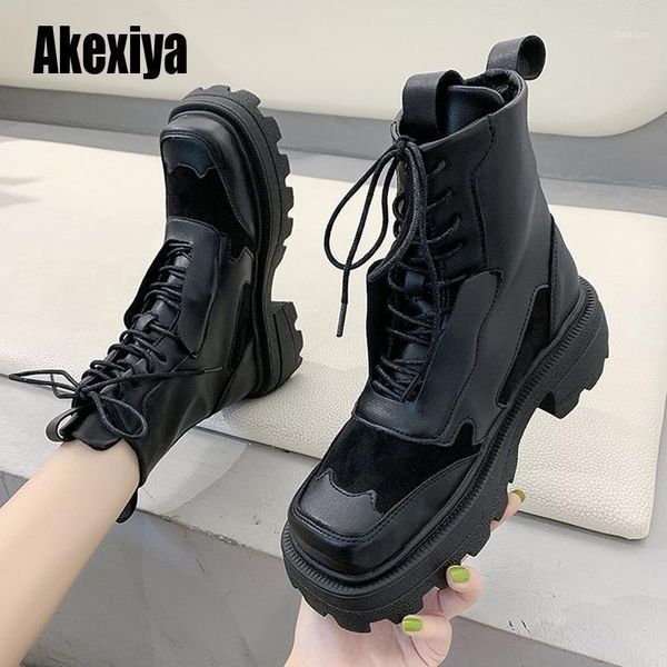 

boots women fashion square toe shoes woman outdoor spring female solid leather lace-up ladies thick u8681, Black