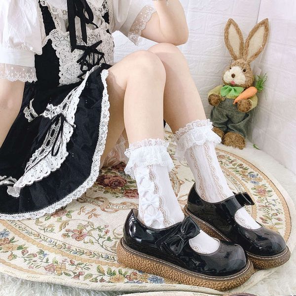 

2021white lolita leg children's jk lace bow middle socks, Black