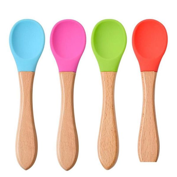 

baby feeding spoon wooden handle silicone spoon baby food spoons anti-scald and fall resistance training spoons