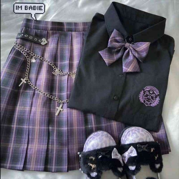 

japanese harajuku three piece set plaid mini women skirt school uniforms skirt a-line sweet high waist women suits amp sets, Gray