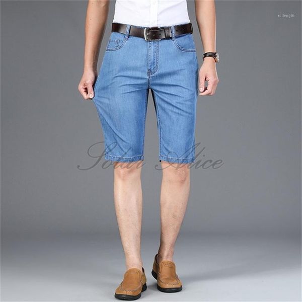 

2020 men's summer new straight denim shorts thin elastic knee length jeans1, Blue