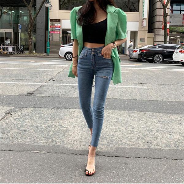 

women's jeans hzirip light blue 2021 autumn slender high waist elastic skinny hole straight large size pencil denim trousers