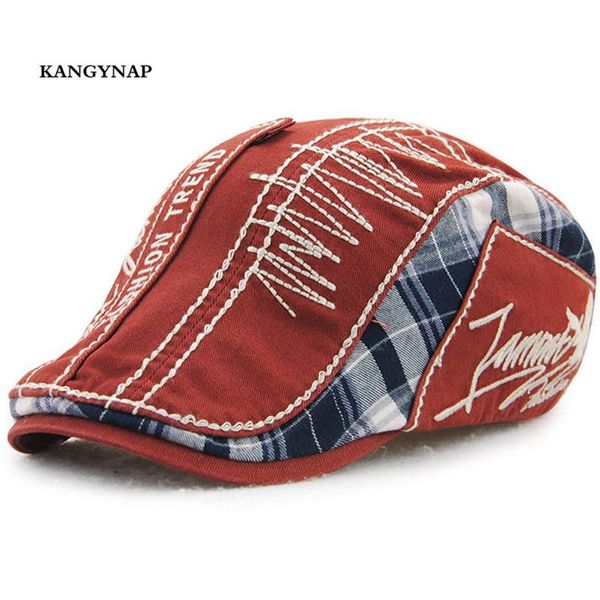 

kagynap]new retro men beret hats cotton embroidery women grid peaked caps casual mens planas flat cap fashion dad hats for men, Blue;gray