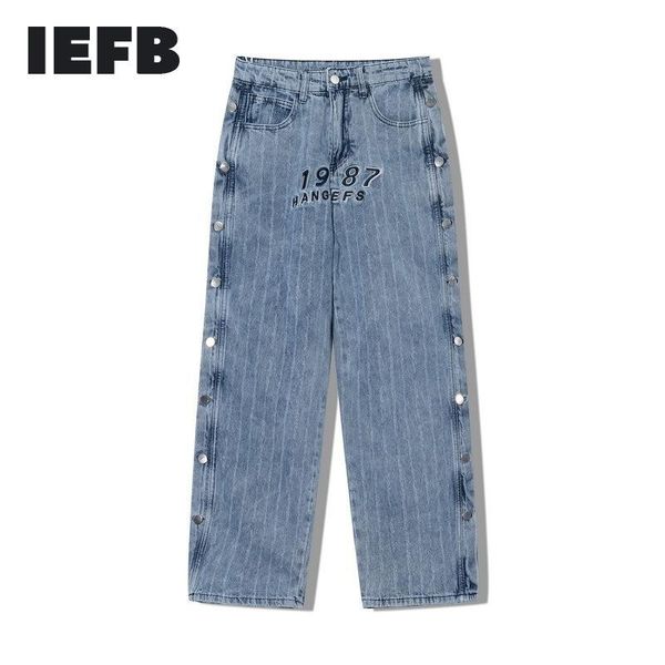 

iefb high street fashion men's black jeans embroidery vintage washed denim trousers hip hop loose straight wide leg daddy pants, Blue