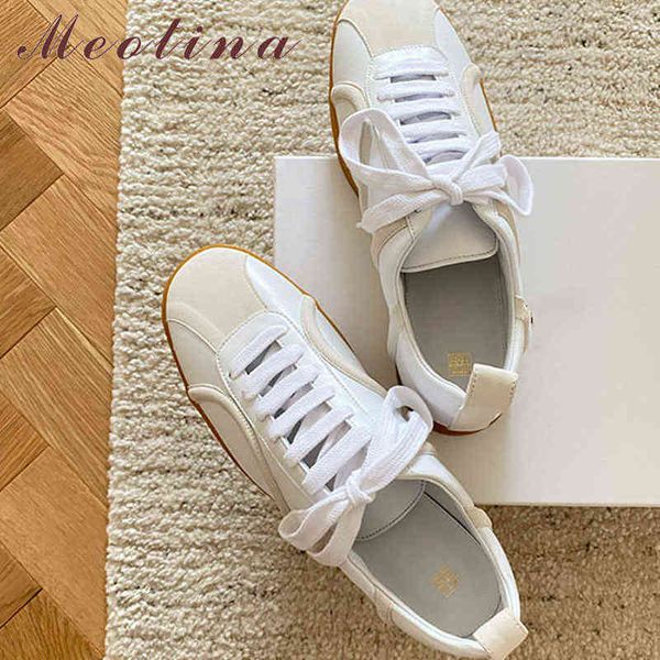 Scarpe piatte da donna in pelle naturale casual con lacci e punta quadrata primavera autunno bianco 220209