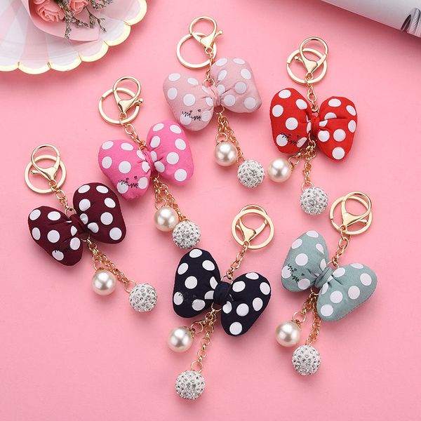

6 color key chain cartoon dot bow pearl keyring pendant car bag ornament fashion parts toy, Silver