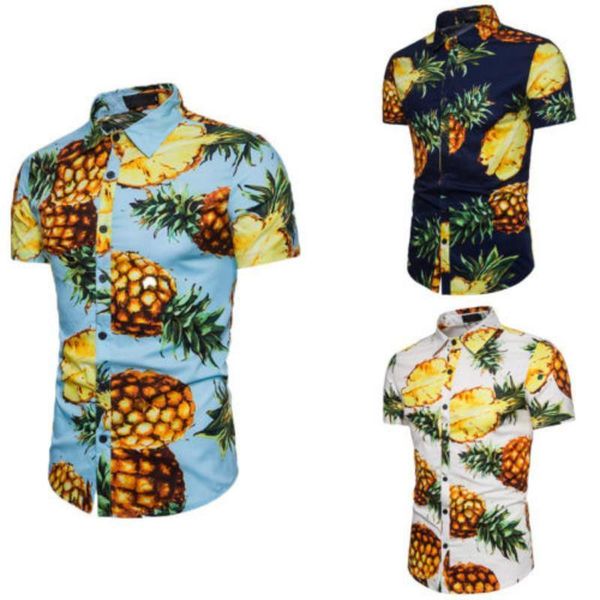 

mens summer pineapple print shirts casual short sleeve hawaiian beach turn down collar male tropical camisa masculina shirt, White;black