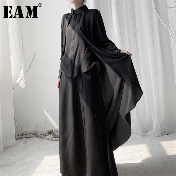 

[eam] women black back long big size blouse new lapel long sleeve loose fit shirt fashion tide spring autumn lj200811, White