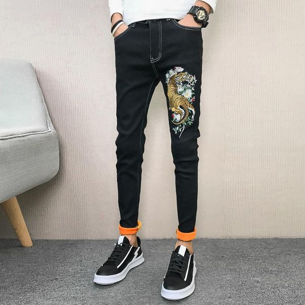

mens winter jeans mens new fashion casual slim embroidery fleece thicken warm denim pencil pants cotton jeans, Blue