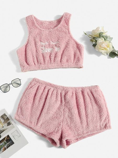 

plus letter & eyelash embroidery flannel pj set q6jk#, Black;white