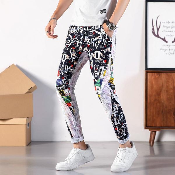 

men's dollar letters printed patchwork white jeans fashion graffiti colored painted slim straight denim pants1, Blue