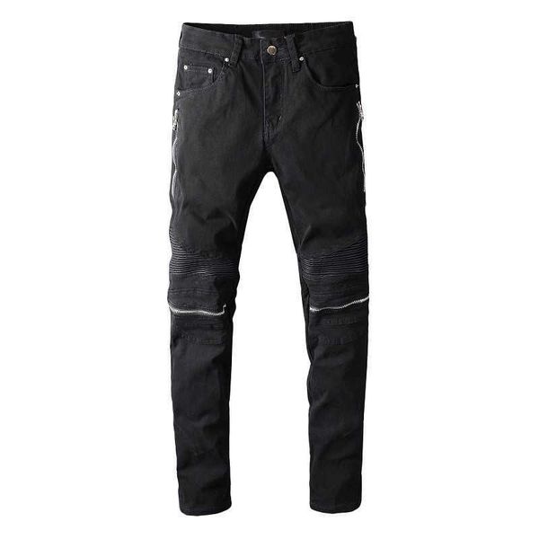 Jeans da uomo Street trend piega al ginocchio Jeans neri con cerniera pantaloni da moto con cuciture slim fit elastiche