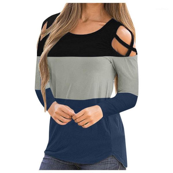 

women t-shirt spring fashion o-neck casual summer long sleeve colorblock strappy cold shoulder t-shirt casual shirts #40%1, White