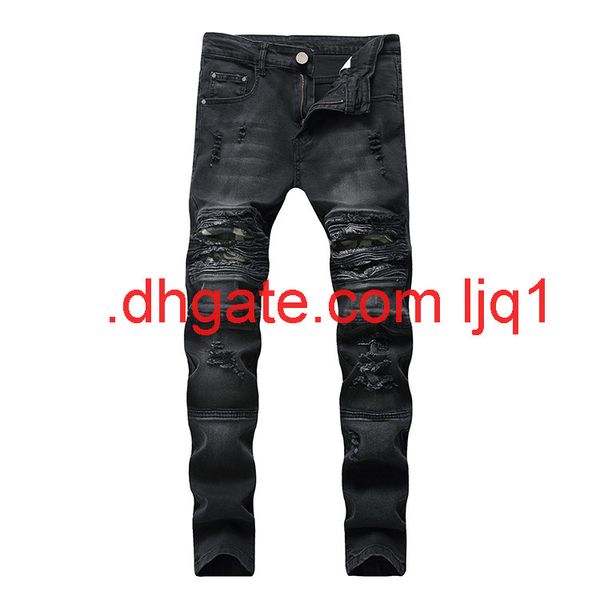 

men's jeans high street knee hole black slim elastic small straight tube motorcycle wash pants, Blue