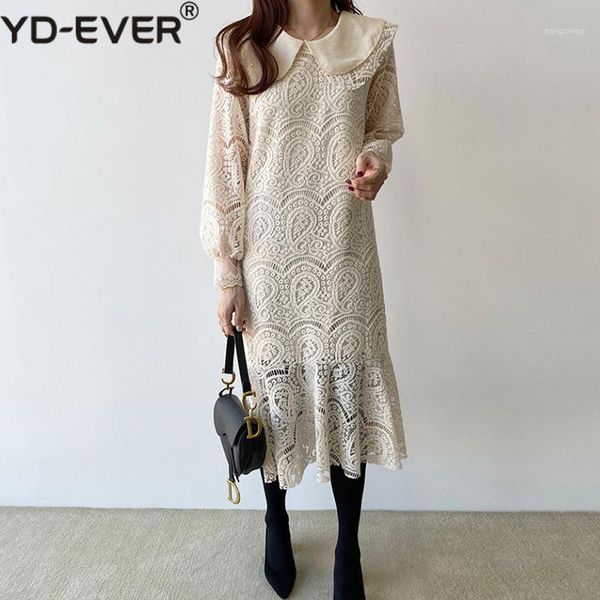 

lapel collar lantern sleeve thick lace dress spring autumn women crochet flower hollow out ruffles mermaid dress1, Black;gray
