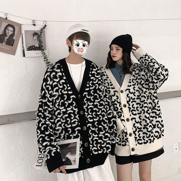 

men's sweaters milk cow pattern cardigan for men clothing autumn knit button blouse vintage v neck sweater university harajuku pullov, White;black