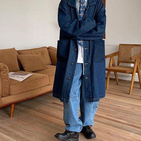 

men's trench coat 2020 autumn and winter new handsome japanese denim long coat young people personality fashion trend clothing, Tan;black