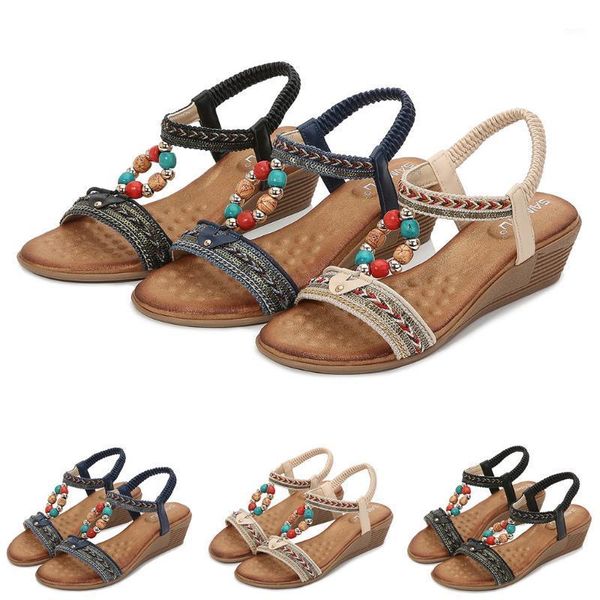 

sagace women's sandals retro bohemian string bead wedges shoes elastic band slip on sandals summer casual shoes zapatos de mujer1, Black