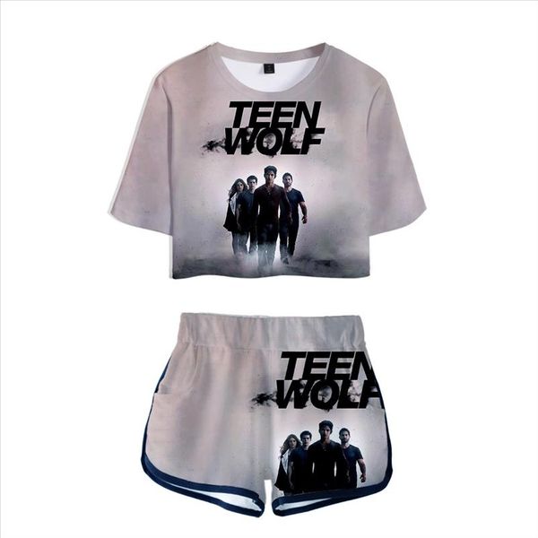 

teen wolf science fiction 3d custom tracksuit women two piece set summer short sleeve crop shorts girls casual streetwear, Gray