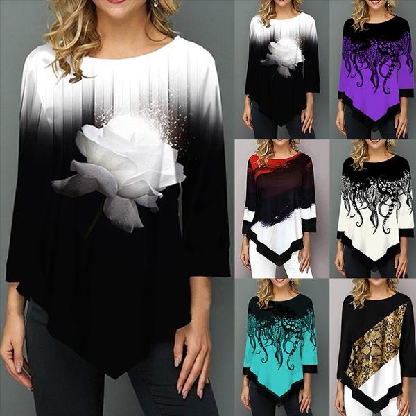 

2020 floral printed women shirt asymmetric hem autumn blouse shirt for woman flower print o neck casual female camisa, White